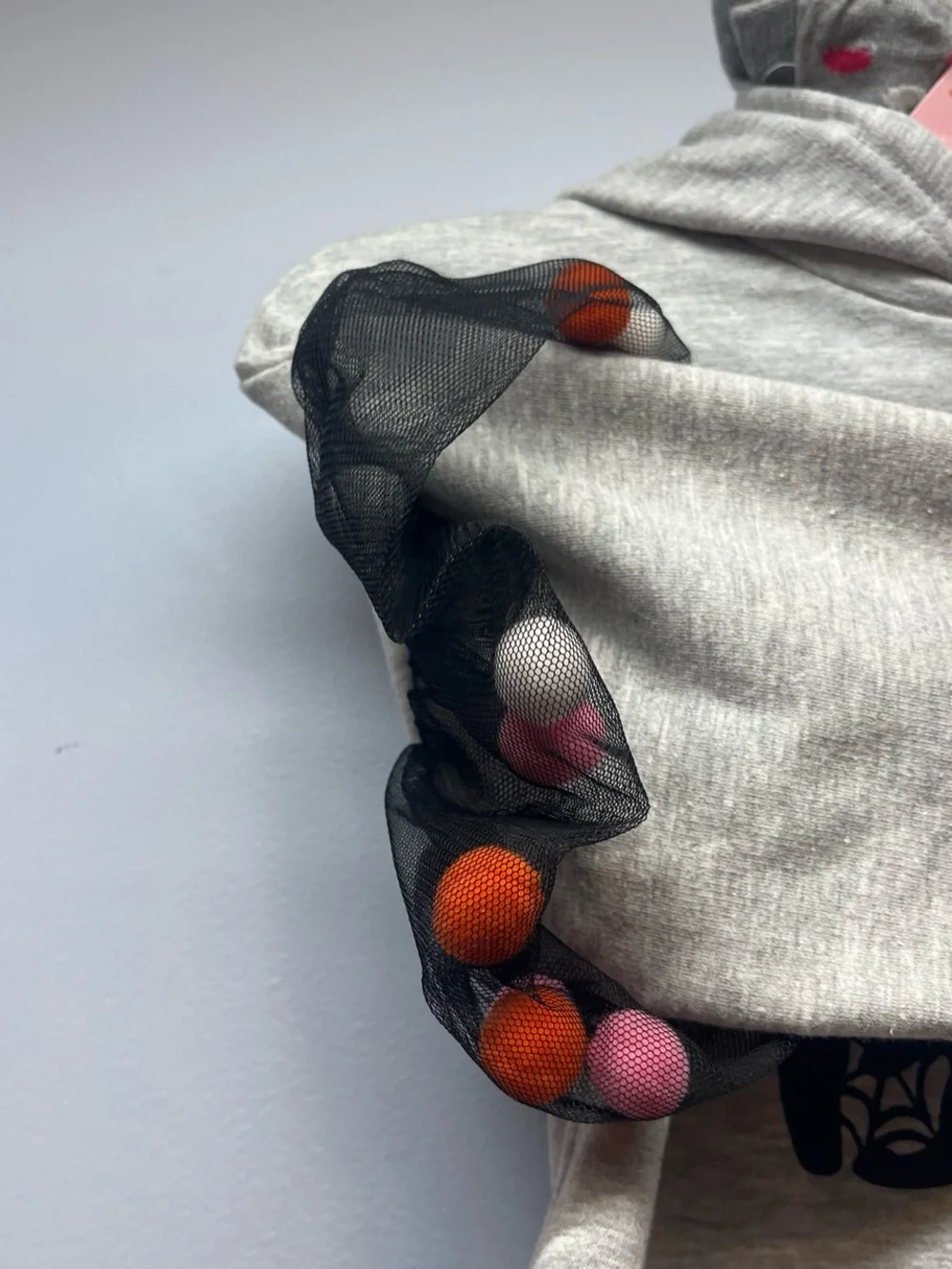 Miss BOOtiful Girls' Grey Halloween Hoodie with Tulle Pom-Pom Sleeves